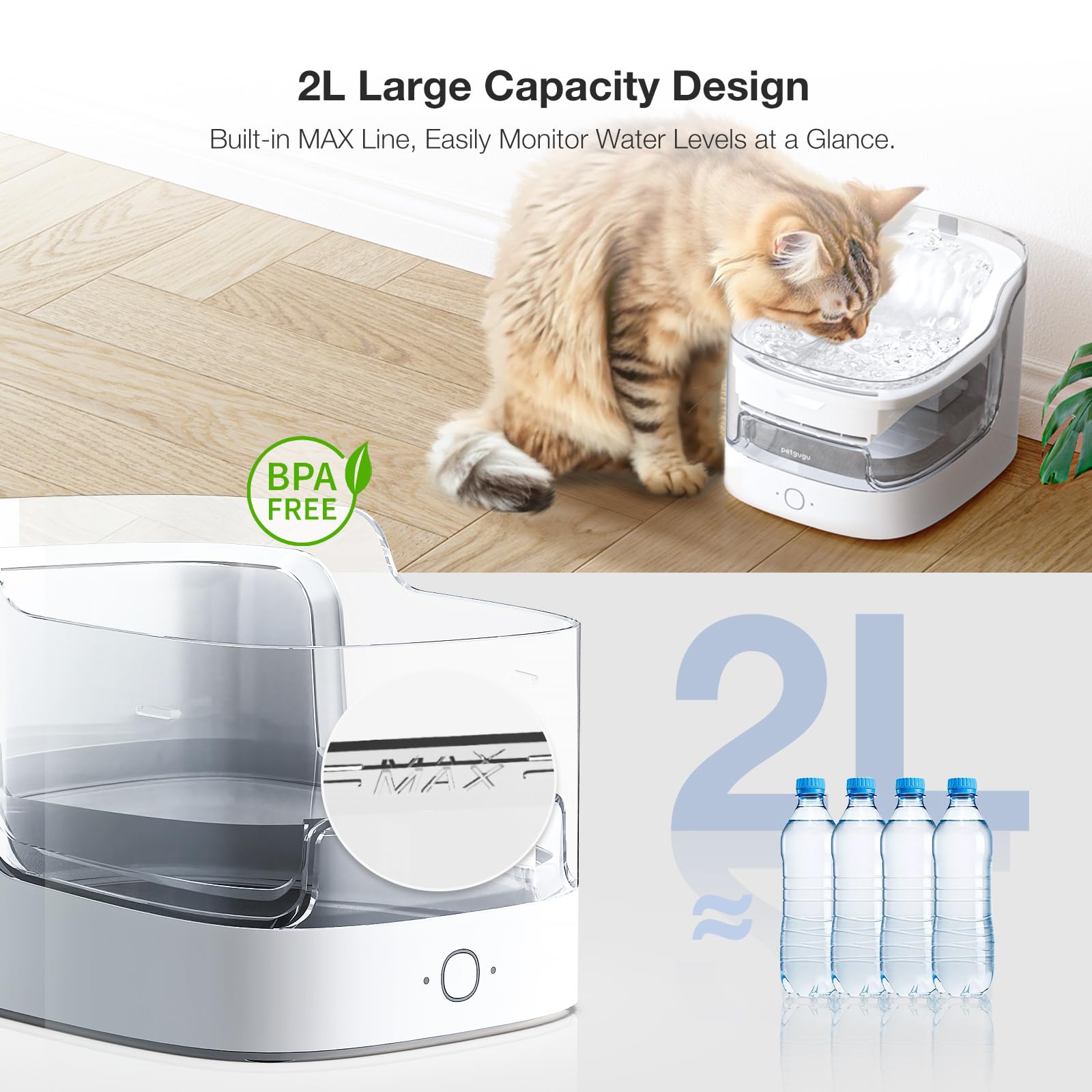 PETGUGU 2L Cat Water Fountain Smart App Control, 8 Layers Filters Automatic Water Dispenser for Cats Dogs Pet Water Fountain Wireless Pump 2.4G WiFi PF1 Marble