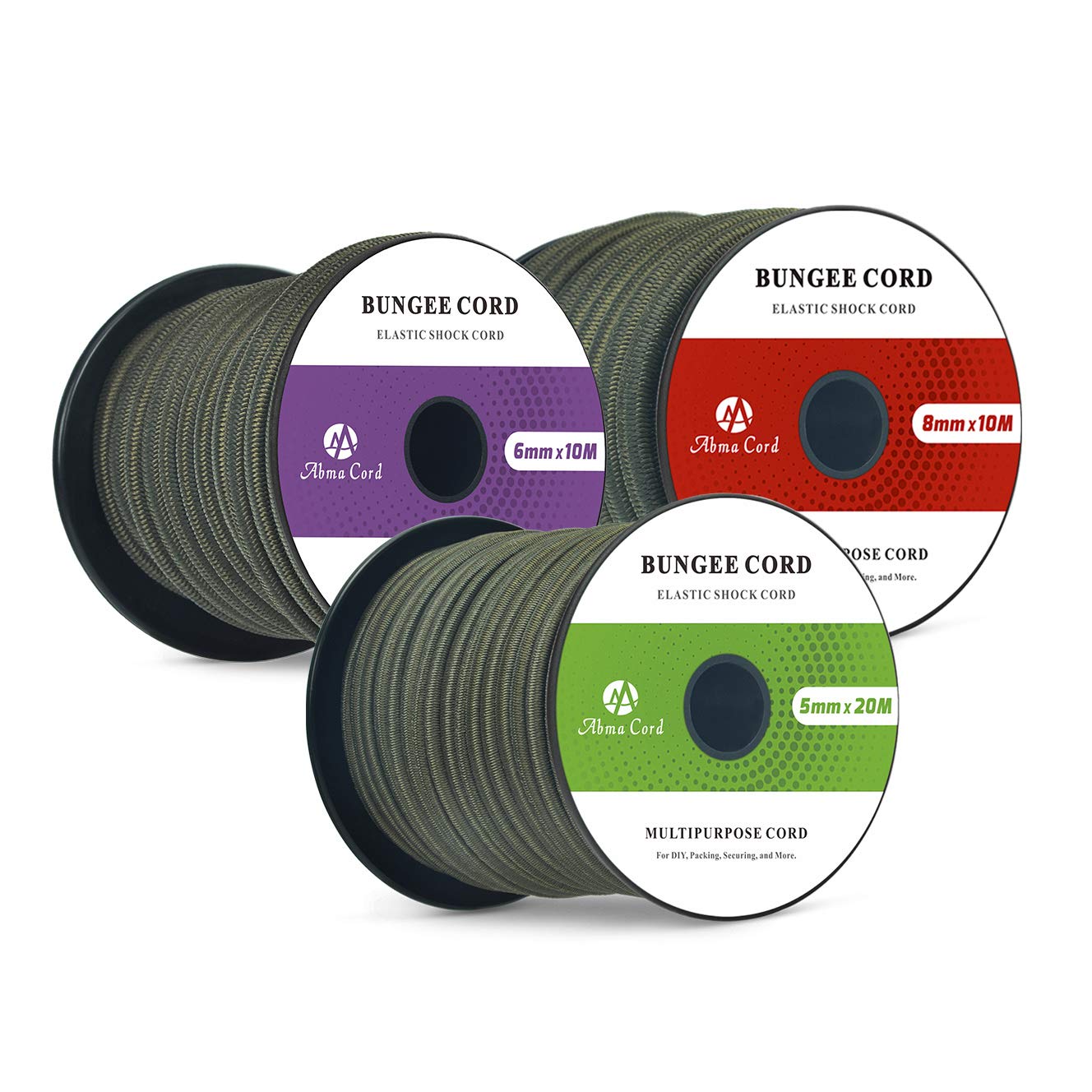Abma Cord Bungee Cord 8mm 10M Elastic Shock Cord 100% Stretch Elastic Bungee Rope for Tarpaulin, Trailer, Backpack, Tent Pole, Kayak - Army Green