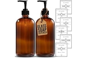 Sunrise Premium, 16 OZ Thick Amber Glass Soap Dispenser with Pump 2 Pack, Hand and Dish Soap Dispenser Set for Bathroom with 6 Waterproof Labels