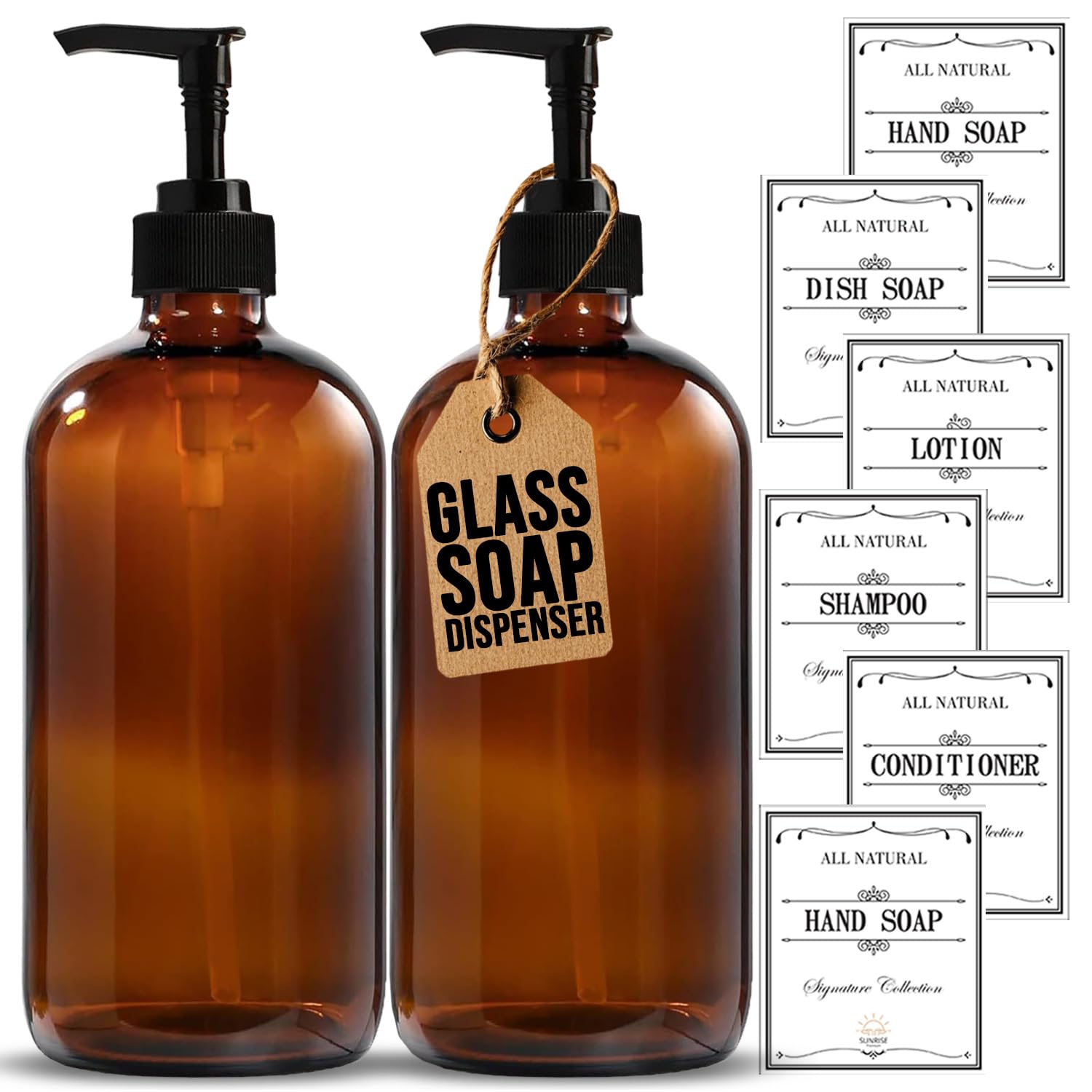 Sunrise Premium Amber Glass Soap Dispenser with Plastic Pump, 16 Oz Pack of 2 Brown Dish and Hand Soap Dispenser Set Refillable Reusable Apothecary Soap Pump Dispenser bottles for Bathroom and Kitchen
