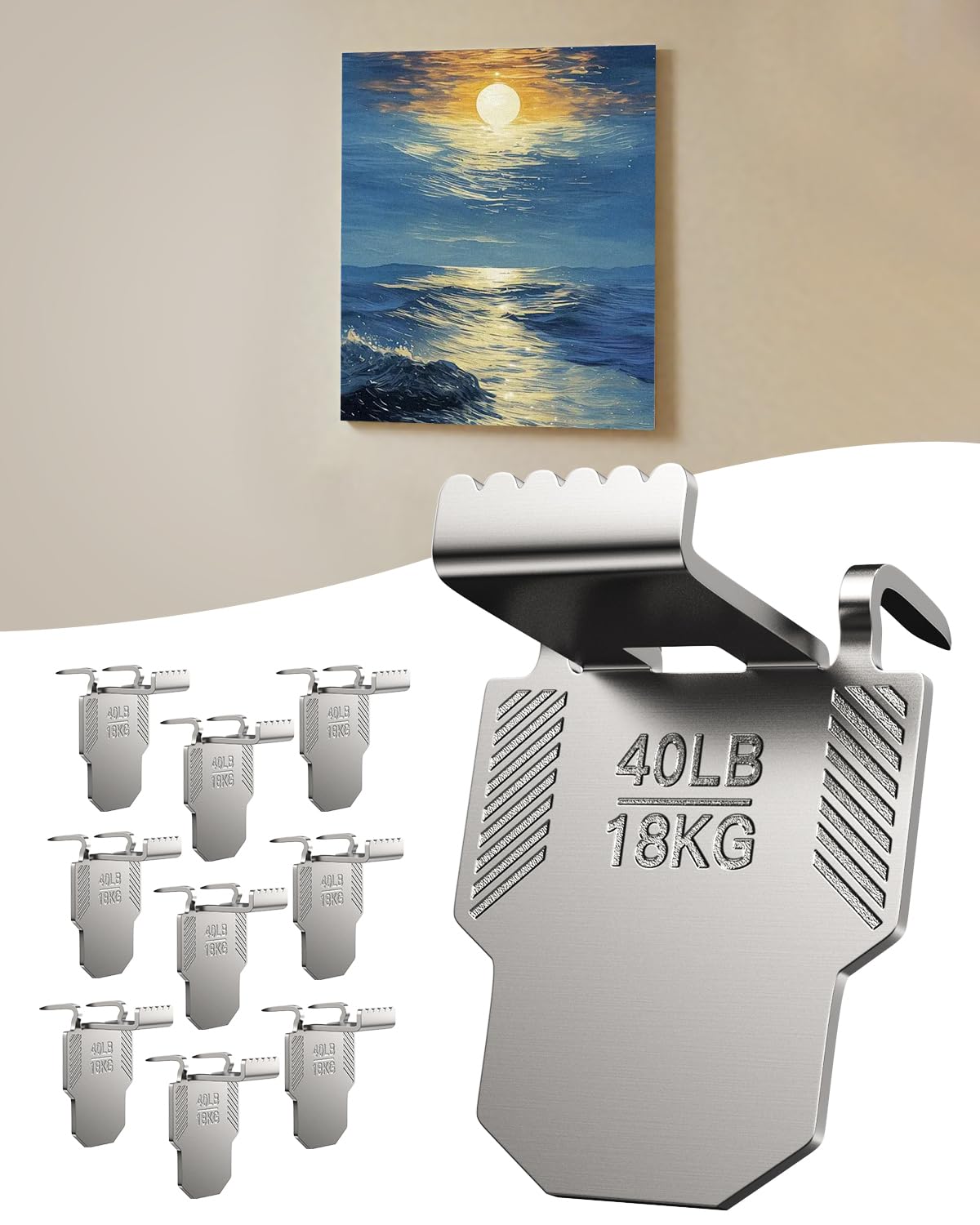 Photo 1 of (ApeBest) 10 Canvas Hangers for Drywall Claw Hooks: Heavy Duty Damage Free Holds up to 40 lb 18"x24" Large Canvas Picture Frame Hanger Kit - Wall Hanging Hook Easy Removable for Room Décor