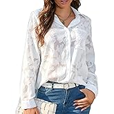 Sunshine swing Women's White Elegant Sexy See Through Blouse Shirt Long Sleeve Jacquard Turn-Down Button Down Shirt Top