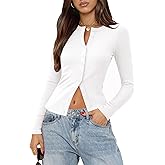 Gleenat Womens Ribbed Long Sleeve Going Out Tops Button Down Up Cardigan Sweaters Lightweight Regular Length Cute Cardigan