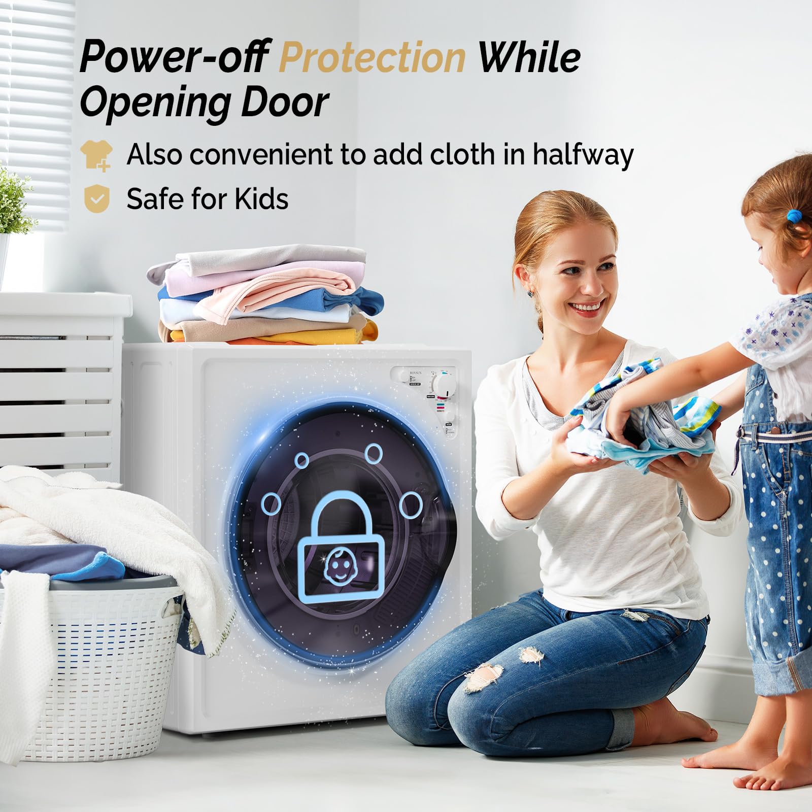 ROVSUN 2.6 Cu.Ft. Portable Dryers for Laundry, Compact Portable Clothes Dryer with Stainless Steel Tub, Dryer Machine, 110V Electric Dryer with Control Knob for Apartment, Dorm, RV, White, 1400W