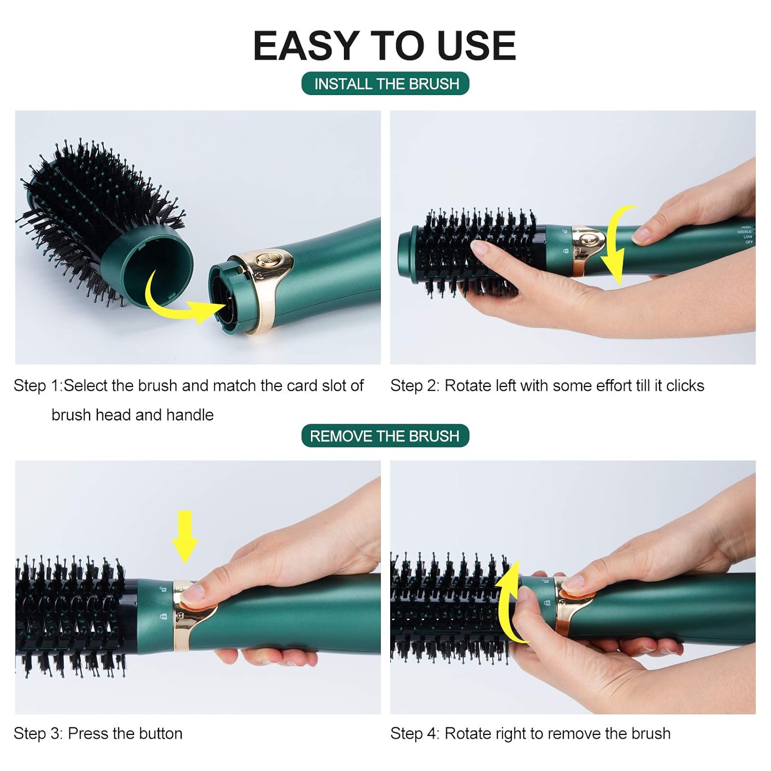 Hair Dryer Brush, Interchangeable Brush Head Hot Air Brushe Set, 4 in 1 Hair Dryer and Volumize with Negative Ion Reduce Frizz and Statics for Curling, Drying and Straightening (Green): Health & Personal Care