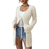 EliteLand Women's Crochet Sheer Mesh Beach Cover-Up Open Front Loose Knit Cardigan Sweaters Casual Tops