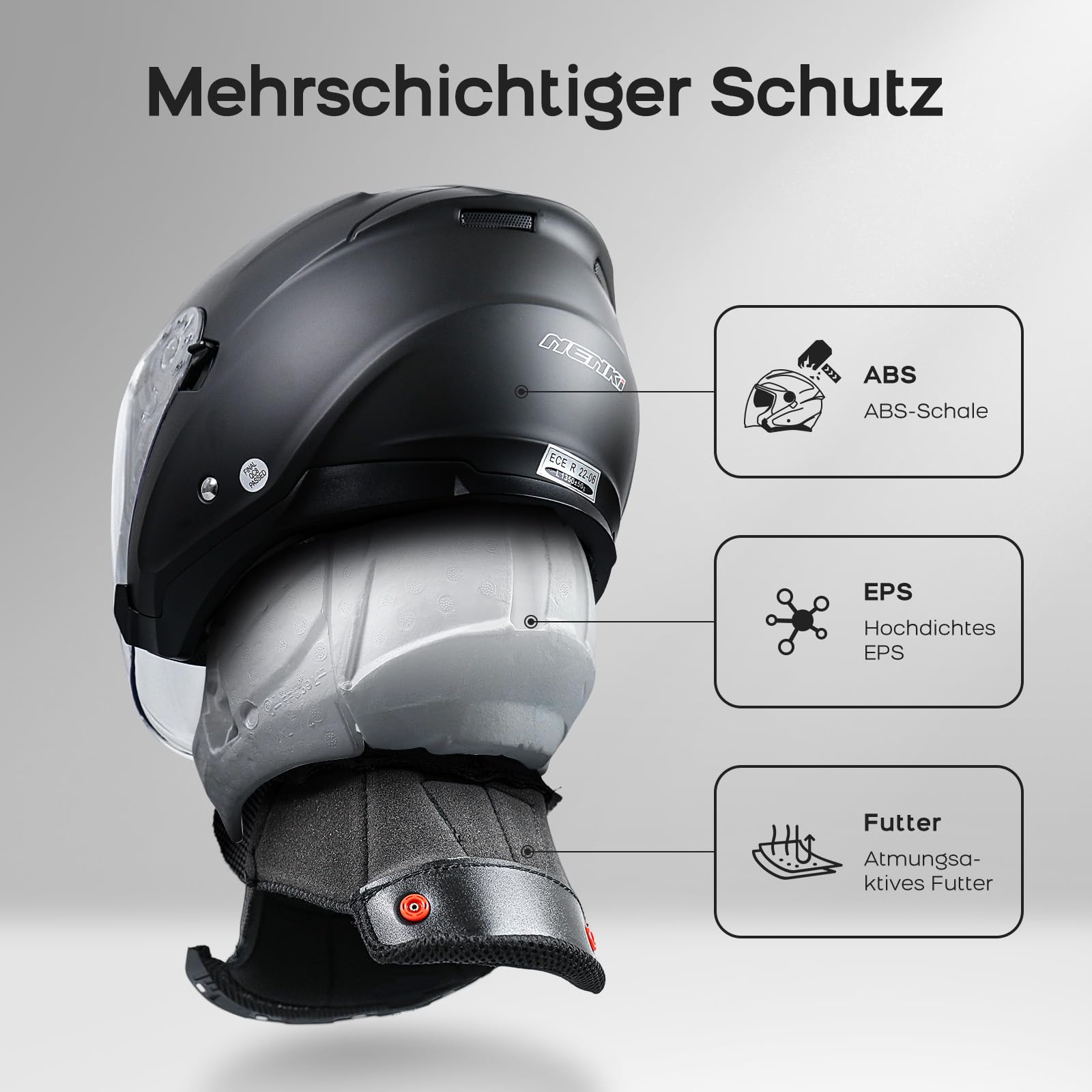 NENKI Rollerhelm für Motorradfahrer, Motorradhelm ECE 22.06, Jethelme mit Doppelvisier und Sonnenblende, Halbhelme für Damen Herren (Matt Schwarz, XL) 2