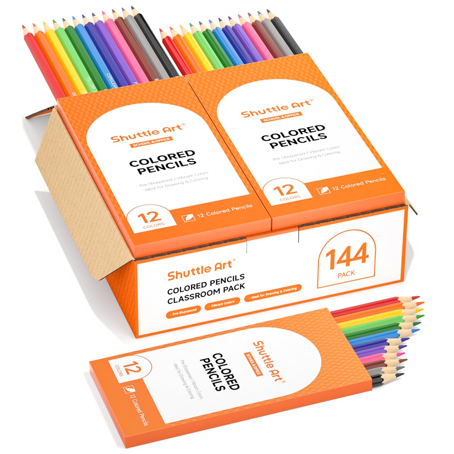 Shuttle Art 144 Pack Colouring Pencils Bulk, 12 Colours Pack of 12 Sharpened Coloured Pencil Set for School, School Pack Wooden Drawing Pencils for Kids, Class pack Back to School Supplies