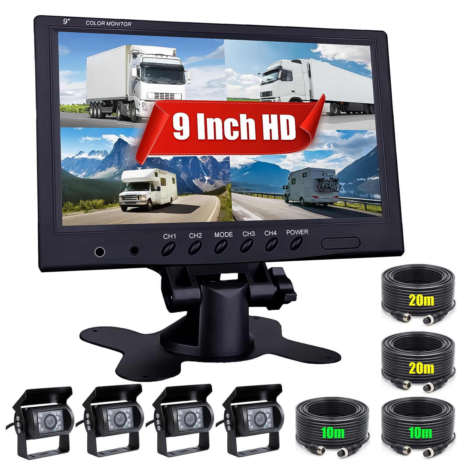 CAMECHO 4 Pin Reversing Camera Kit for Vans, Lorries, Buses & RVs | 9 Inch 4-Channel Split Screen Monitor with 2 Front & 2 Rear | 120° Wide Angle Night Vision IP68 Waterproof | Easy Install