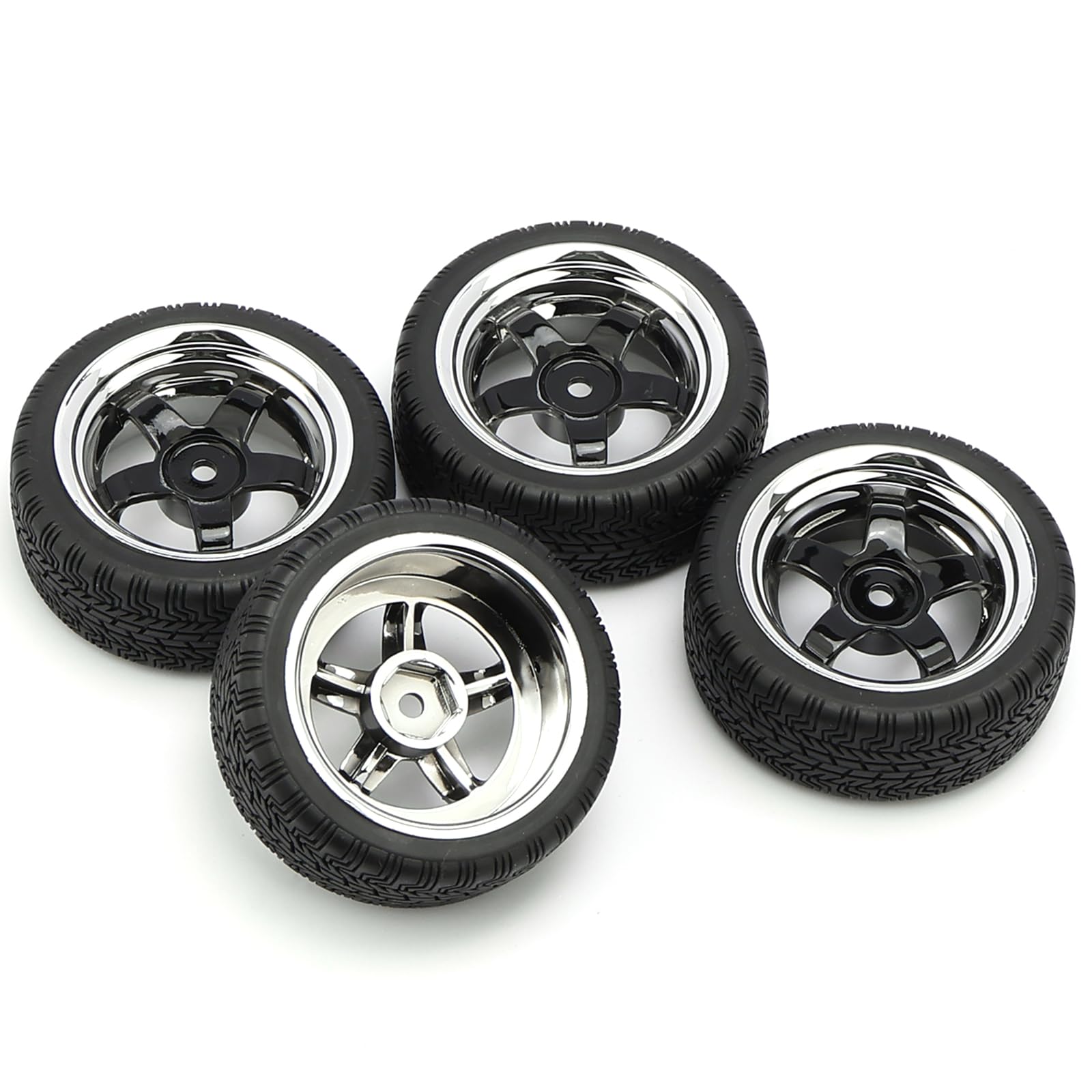Pxyelec 4 Pcs Black 1/10 Scale Off Road Car RC Tyre Tires Plating Wheels 5 Spoke for HSP HPI Racing Car