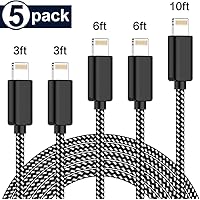 PLmuzsz MFi Certified iPhone Charger Lightning Cable 5 Pack Extra Long Nylon Braided USB Charging & Syncing Cord Compatible iPhone Xs/Max/XR/X/8/8Plus/7/7Plus/6S/6S Plus/SE/iPad/Nan blue