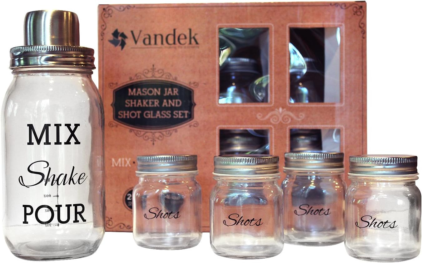VANDEK Mason Jar Cocktail Shaker and Shot Glass Set with Silicone Seal Barware Set Drink Mixer