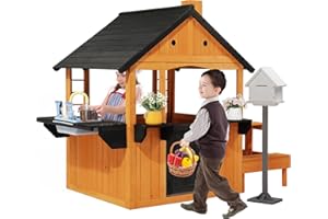 JOYMOR Kids Outdoor Playhouse with Sink Toys, Picnic Table, Mailbox, Spacious Wooden Toddler Playhouse for Backyard Kids 3-8Y DIY Room with Flowerpot Holders, Plastic Basin (Light Brown)