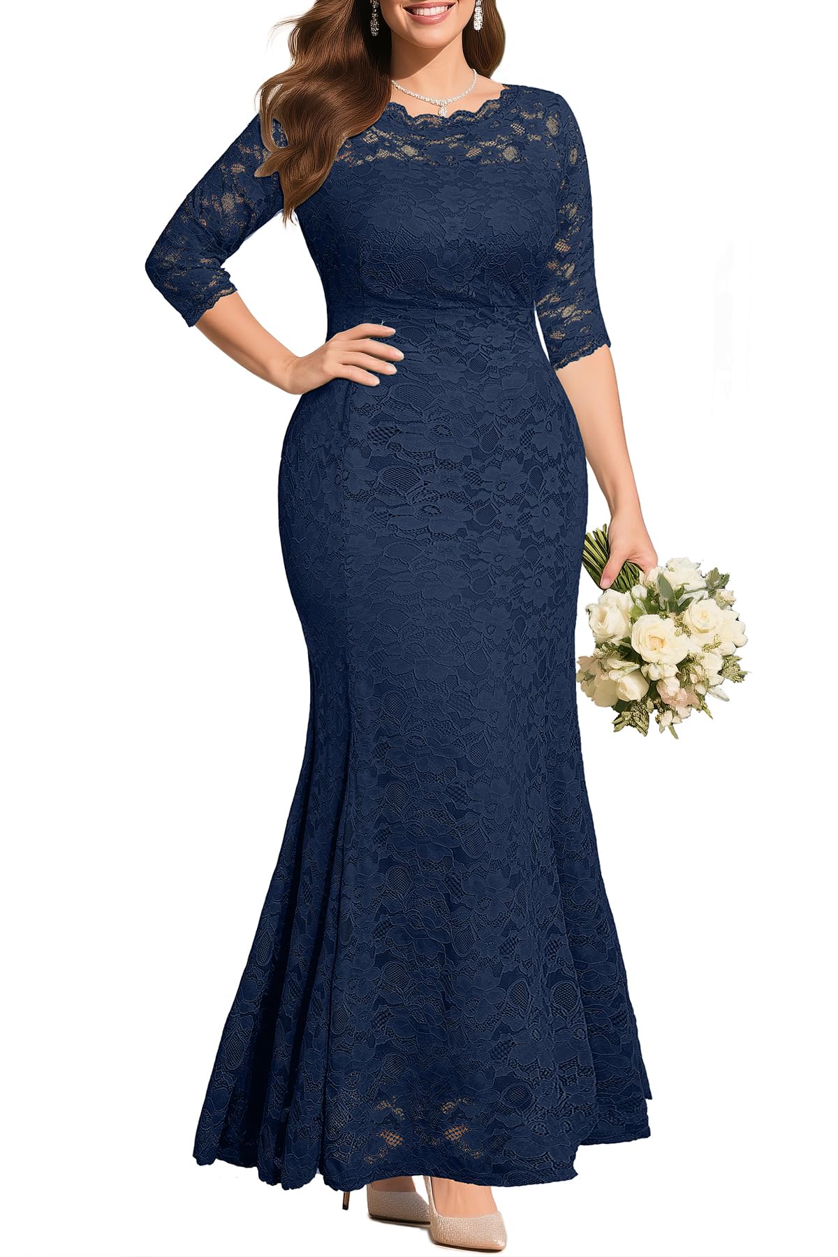 Photo 1 of Navy Blue Dress for Women Plus Size Formal Evening Gowns Lace Mother Bridesmaid Elegant Wedding Guest Long Mermaid Dress
