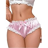 SHENHE Women's Satin Underwear Lace Trim Bow Ruched Silky Bikini Panty Low Rise Underwear