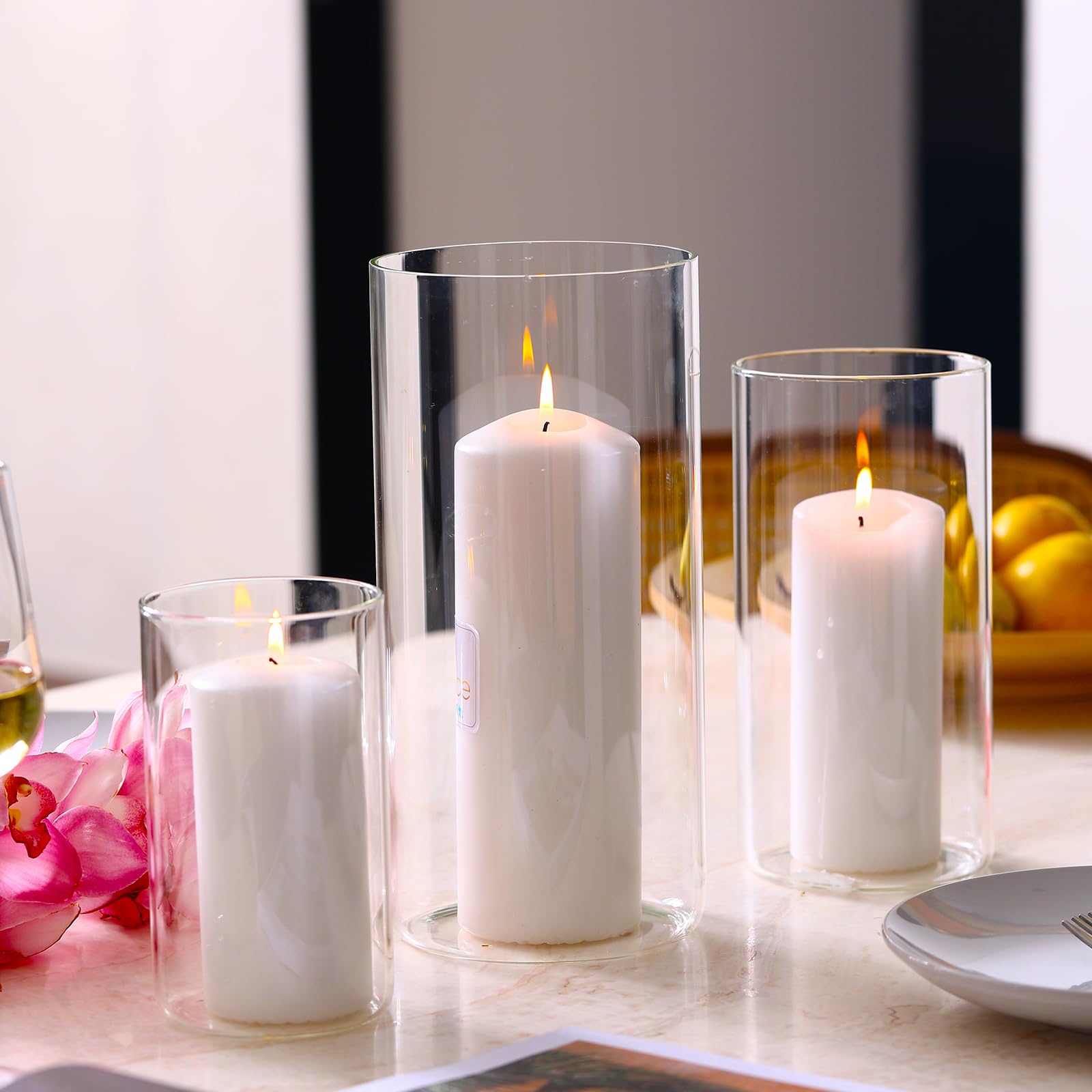 Photo 1 of PHOSPHOR Hurricane Candle HoldersFor Pillar Candle Clear Glass Cylinder Centerpieces Vases Table Decoration Centerpiece Floral Room Decor Clear Seeded Bubbles Living Dining Kitchen 3 Pieces
