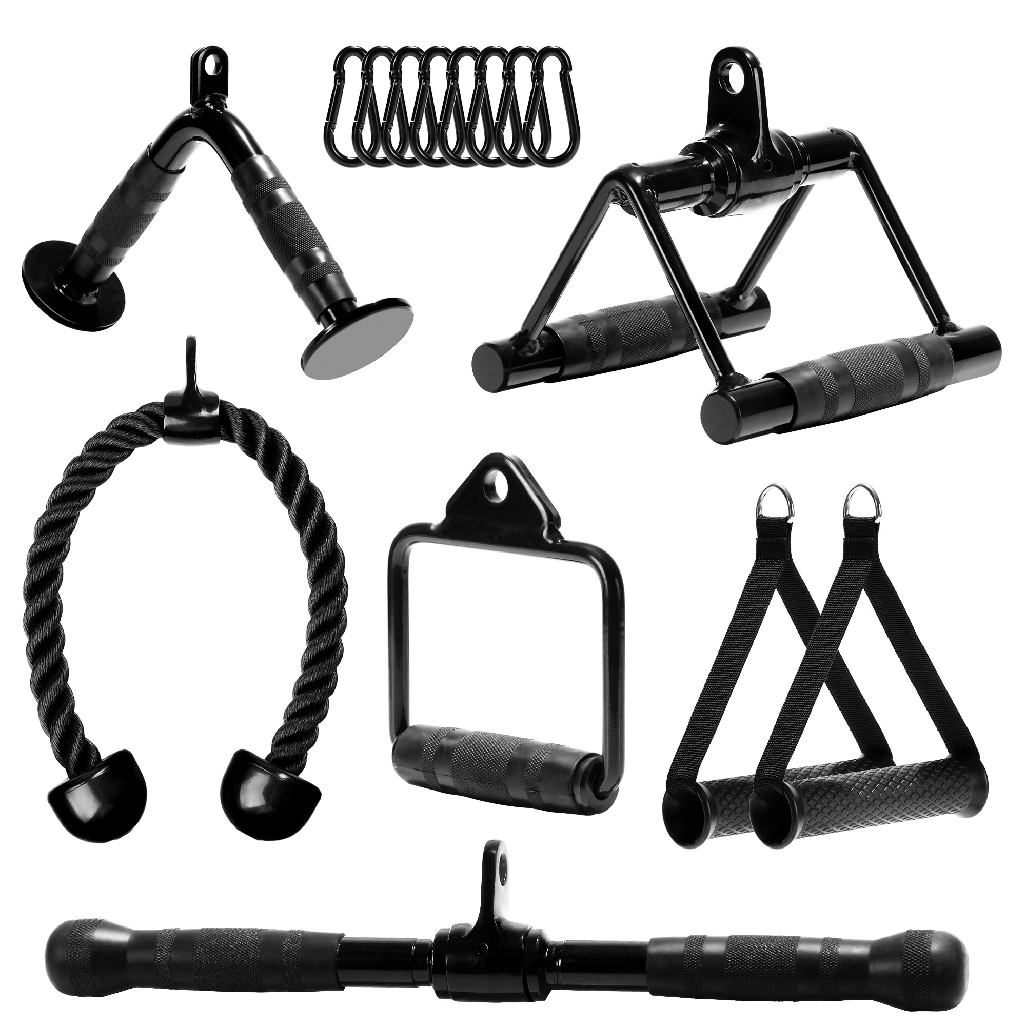 Yes4All Combo 7-Piece Cable Machine Attachments with D Handles, Includes Tricep Rope, V Bar, Double D Row Handle, Straight Bar, Single D Handle & Carabiners - LAT Tricep Press Down Kit 880 LB Capacity Image