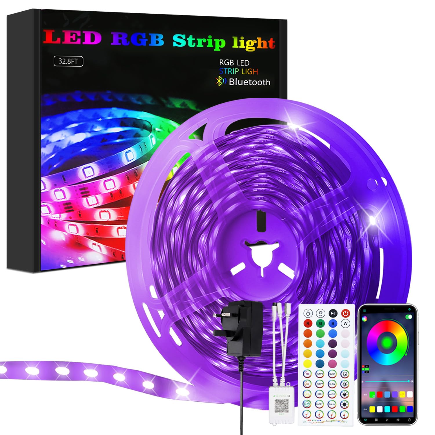 Glitzerlife 10M LED Strip Light RGB - LED Strip with Bluetooth Smart App Control Remote Music Sync Colour Changing Flexible 5050 RGB Lights for Bedroom Room Home Christmas Decoration