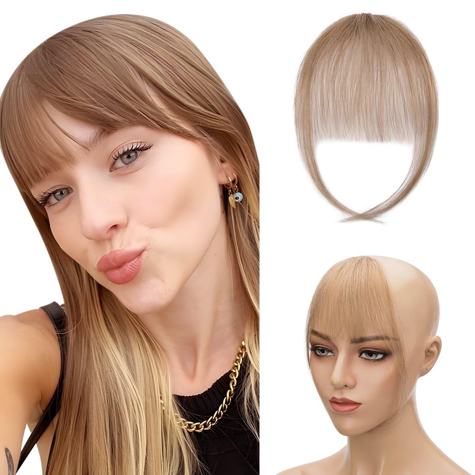 Silk-co Bangs Clip in Hair Extensions #06 Light Brown One Piece Fringe Thin Front Bangs Clip on Real Remy Human Hair