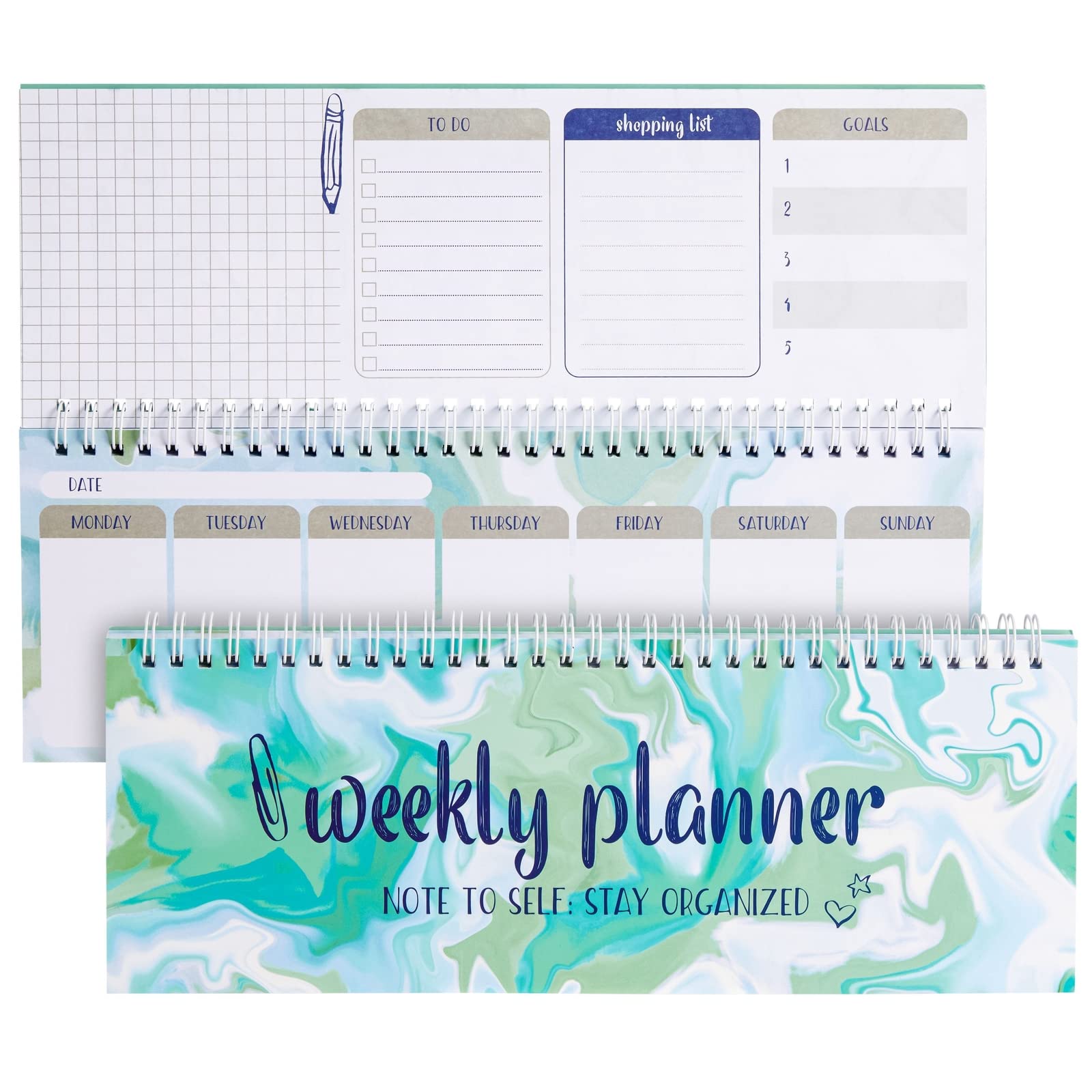 Photo 1 of Paper Junkie Undated Weekly Planner, Goals, Shopping, To Do List, Horizontal Desk Calendar (Spiral Bound, 12 x 4 in) - Undated Planner - Weekly Calendar