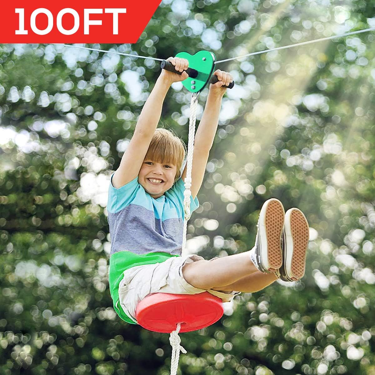 Hi-Na Zip Line Kit 80ft 100ft 120ft Zipline Kits for Backyard Kids Play Set Zipline with Seat Handles Ziplines for Backyards Zipline 100 Foot Zip Line Kit Zip Line Play Set Zipline for Kids (100ft)