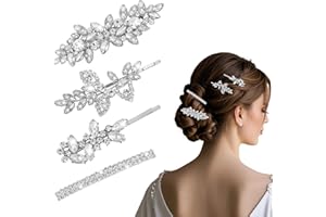 AMCAMI 4PCS Sliver Hair Clips，Rhinestone Hair Barrettes&Pins For Women， Fancy Flower Leaf Hair Accessories For Wedding Bride Bridesmaid Prom