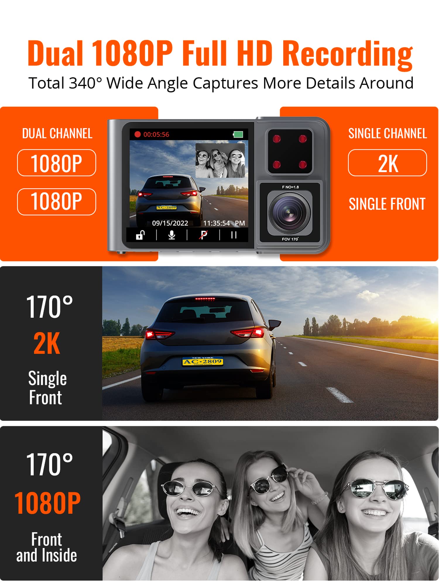 Kingslim D1 Pro 2K Dash Cam Front and Inside with