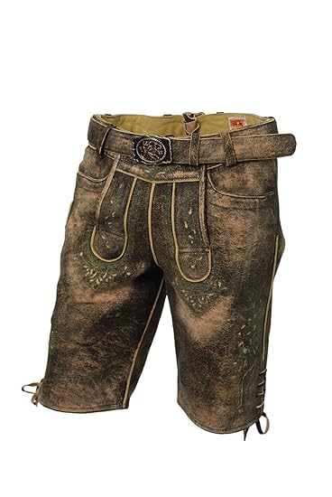 MADDOX Kurze Herren Lederhose, mit Gürtel, echtes Ziegenleder, Trachten-Lederhose im Used Look, alle Größen