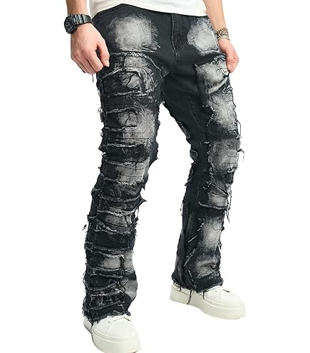 パンツ DISTRESS MULTI PATCH SLIMFIT DENIMPANTS Men's Relaxed Patchwork Jeans Comfort Straight Cargo Denim