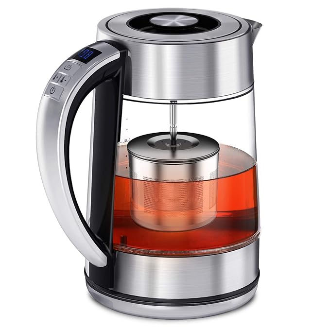 FEBOTE Electric Tea Kettle, 2 in 1 Glass Kettle Teapot With Infuser, Hot Water Heater Variable Temperature Control, Reinforce Stainless Steel Body, Removable Lid For Easy Clean, 1500W-1.7L (BPA-Free) Perfect for Loose Leaf Tea, Blooming Tea best electric tea kettle