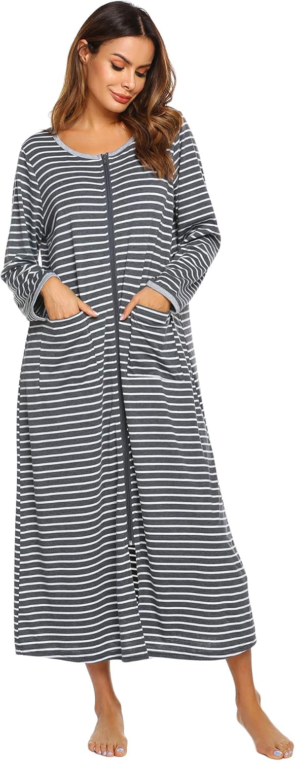 Ekouaer Women Long House Coat Zipper Front Robes Full Length Nightgowns with Pockets Striped Loungewear