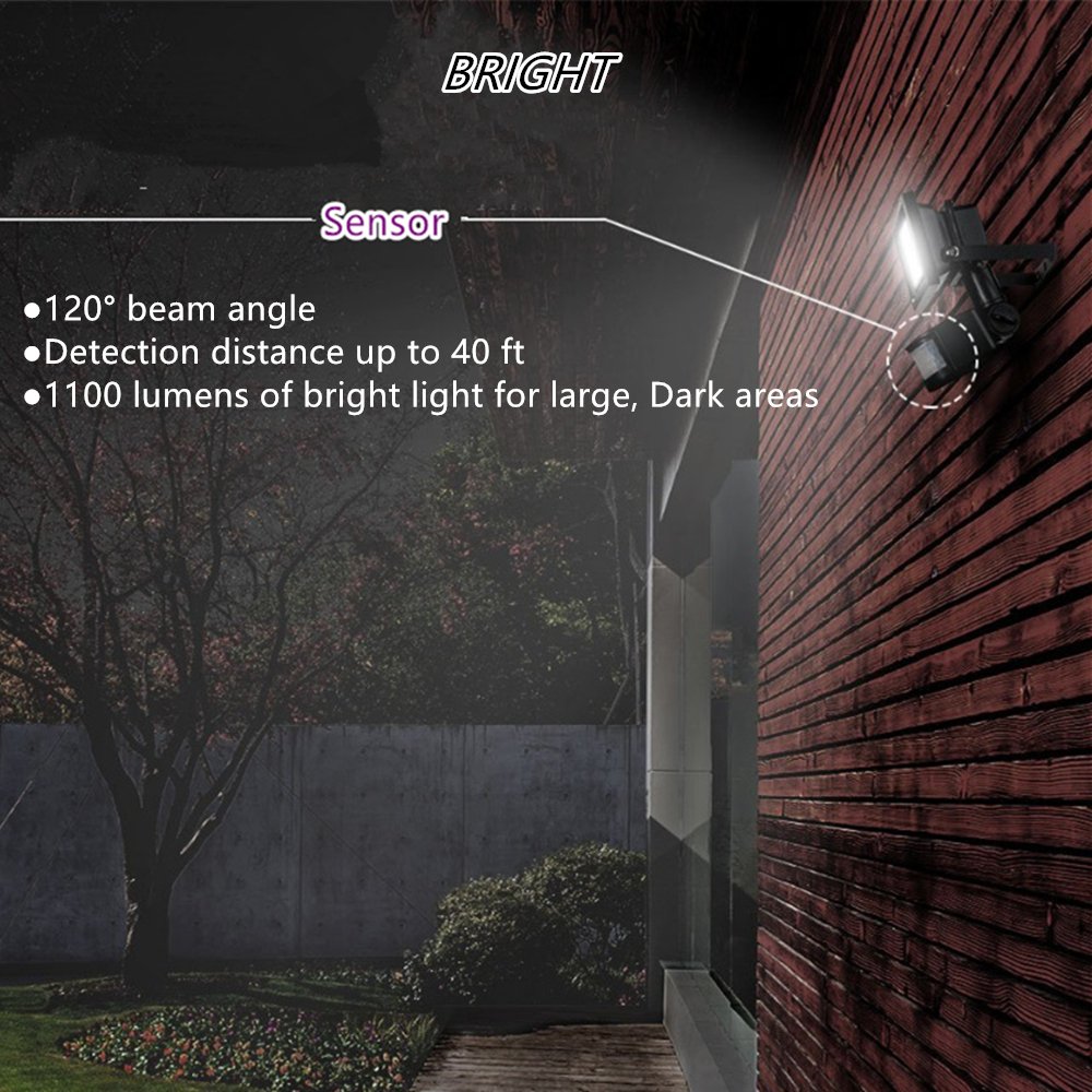 （Big Sale） 10W Motion Sensor LED Flood Light, 3000K Warm White, 1100lm(Max), IP65 Waterproof Security Spotlight with PIR for Driveway, Square - Black