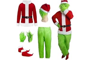 DJKFAEK Green Monster Santa Claus Costumes for Men,Christmas Furry Santa Claus Costume Include Mask for Halloween Cosplay