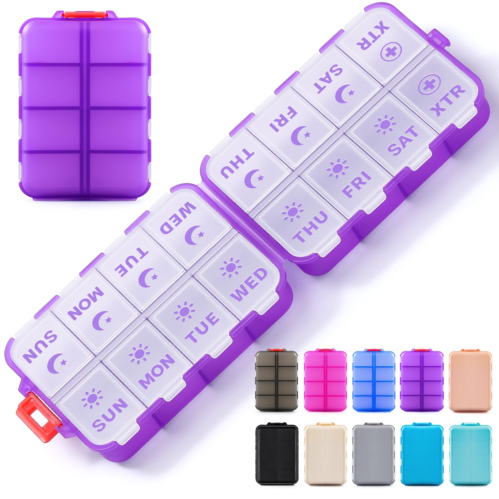 Photo 1 of ***CRACKED MIDDLE***Foldable Weekly Pill Organizer 2 Times a Day with 2 Extra Compartments - Etched Labels - Portable 7 Day AM PM Medicine Box, Week Daily Travel Pill Case Holder for Vitamin, Supplement -Clear Purple