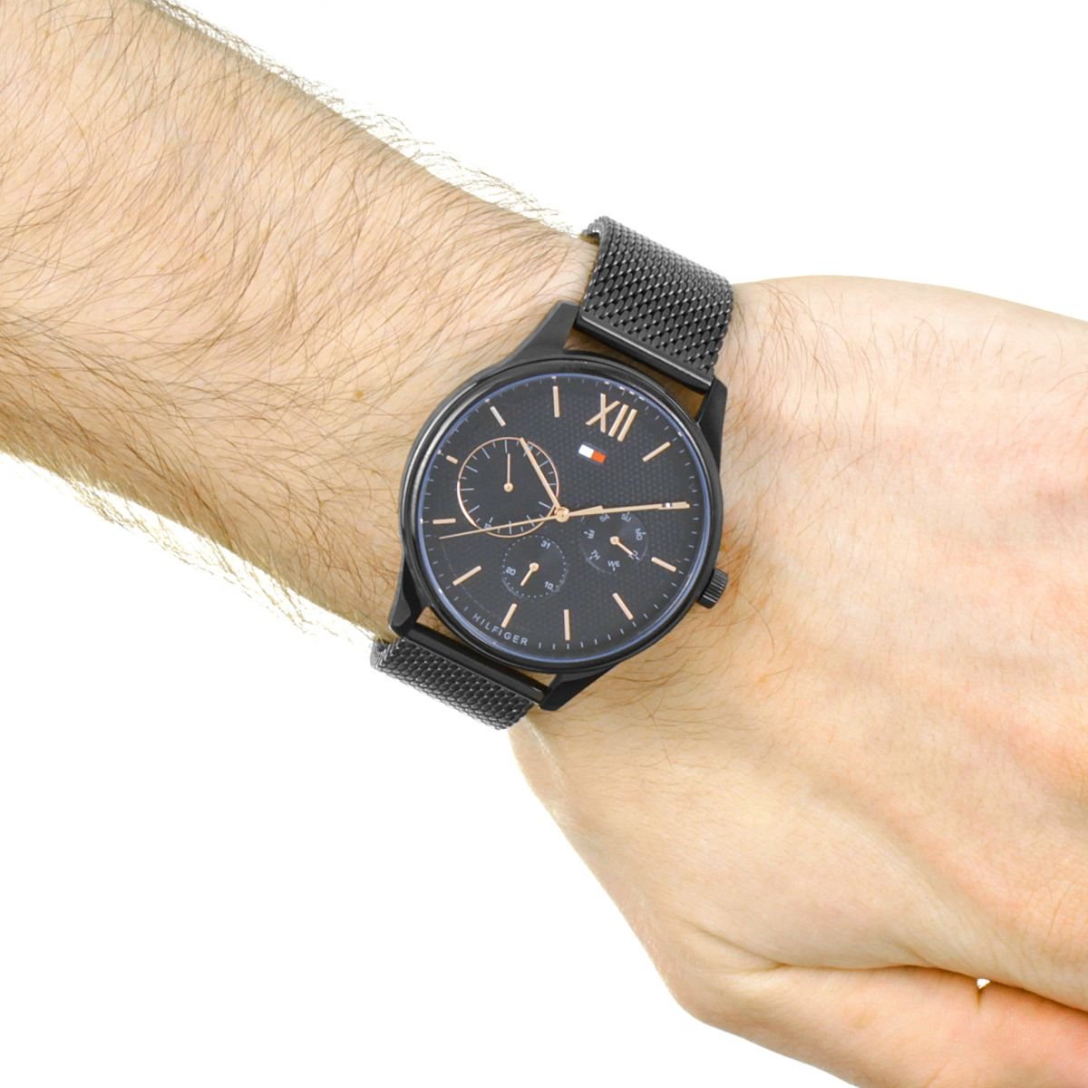 tommy hilfiger black stainless steel mesh bracelet watch