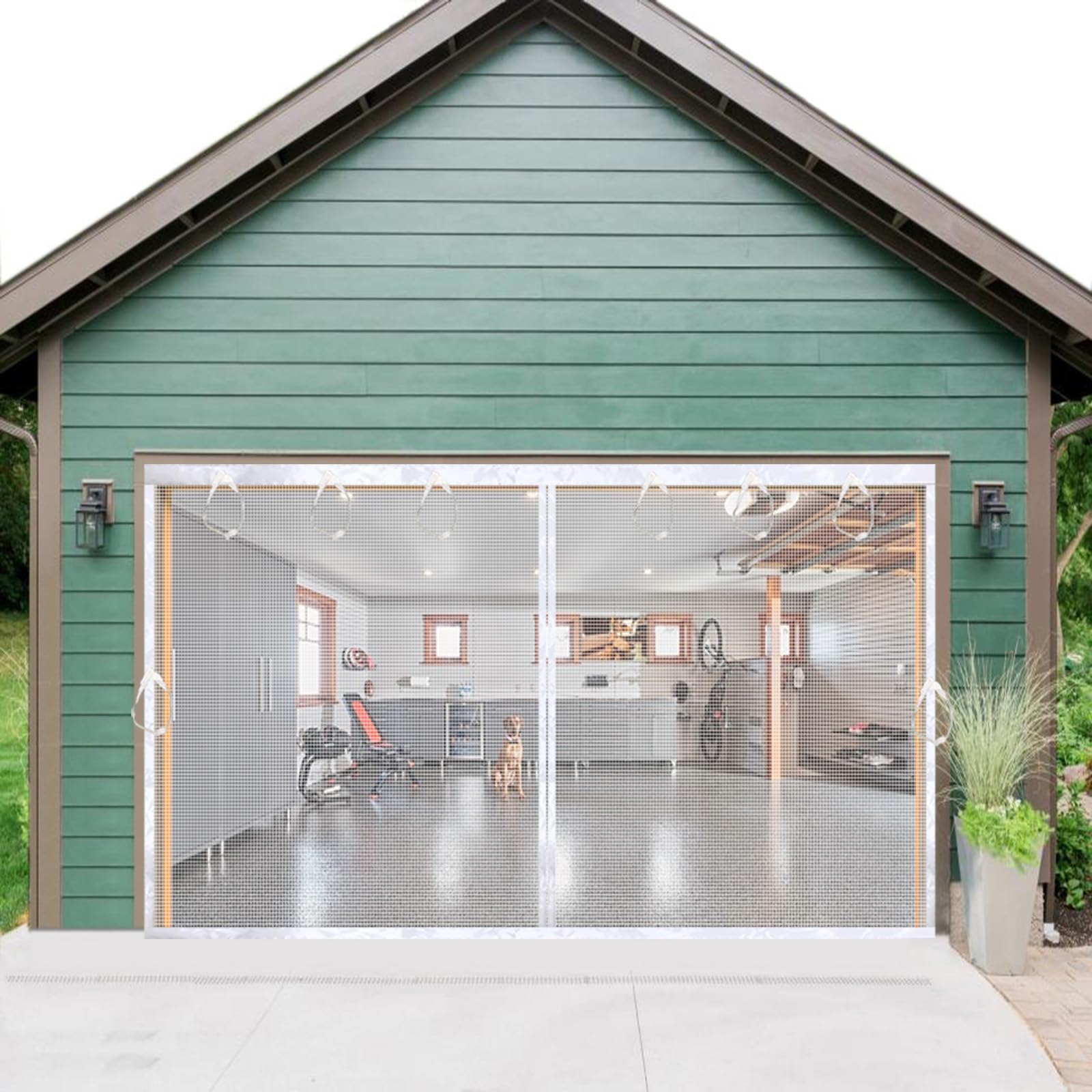 Photo 1 of Magnetic Garage Door Screen 16x8ft Mesh Net Curtain, Pets friendly, Retractable Fiberglass doors Cover Closure for Carport Patio sunroom balcony porch gazebo backyard greenhouse RV (White, for 16x8ft)