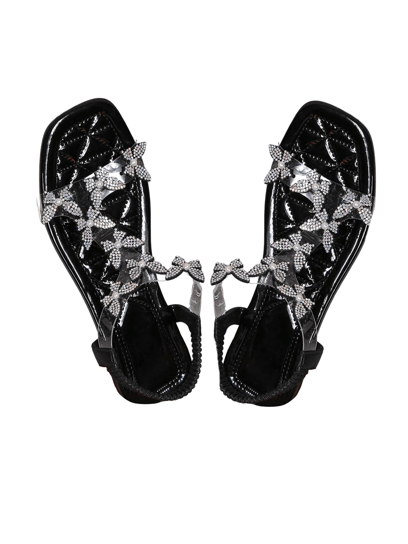 Photo 1 of GORGLITTER Women's Butterfly Strappy Clear Glitter Ankle Sandals Dressy 2025 Cute Summer Wedding Bridal Flats Sandal Black Glitter 9.5