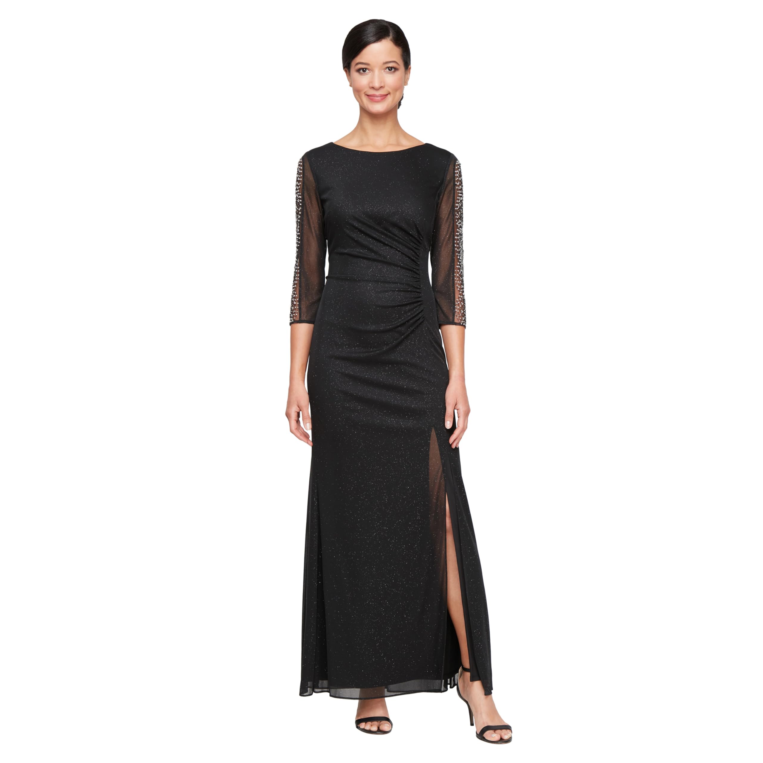 S.L. Fashions Women’s Long Length Ruched Waist Formal Evening Dress with Beaded Illusion Sleeves (Petite and Regular Sizes), Black, 14