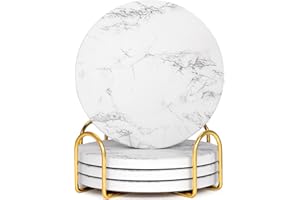 GOH DODD Coasters for Drinks Set of 4, Absorbent Marble Style Ceramic Coaster Set Cup Coasters Tabletop Protection Home Decor with Metal Holder for Coffee Table, White, Round, 4 Inches