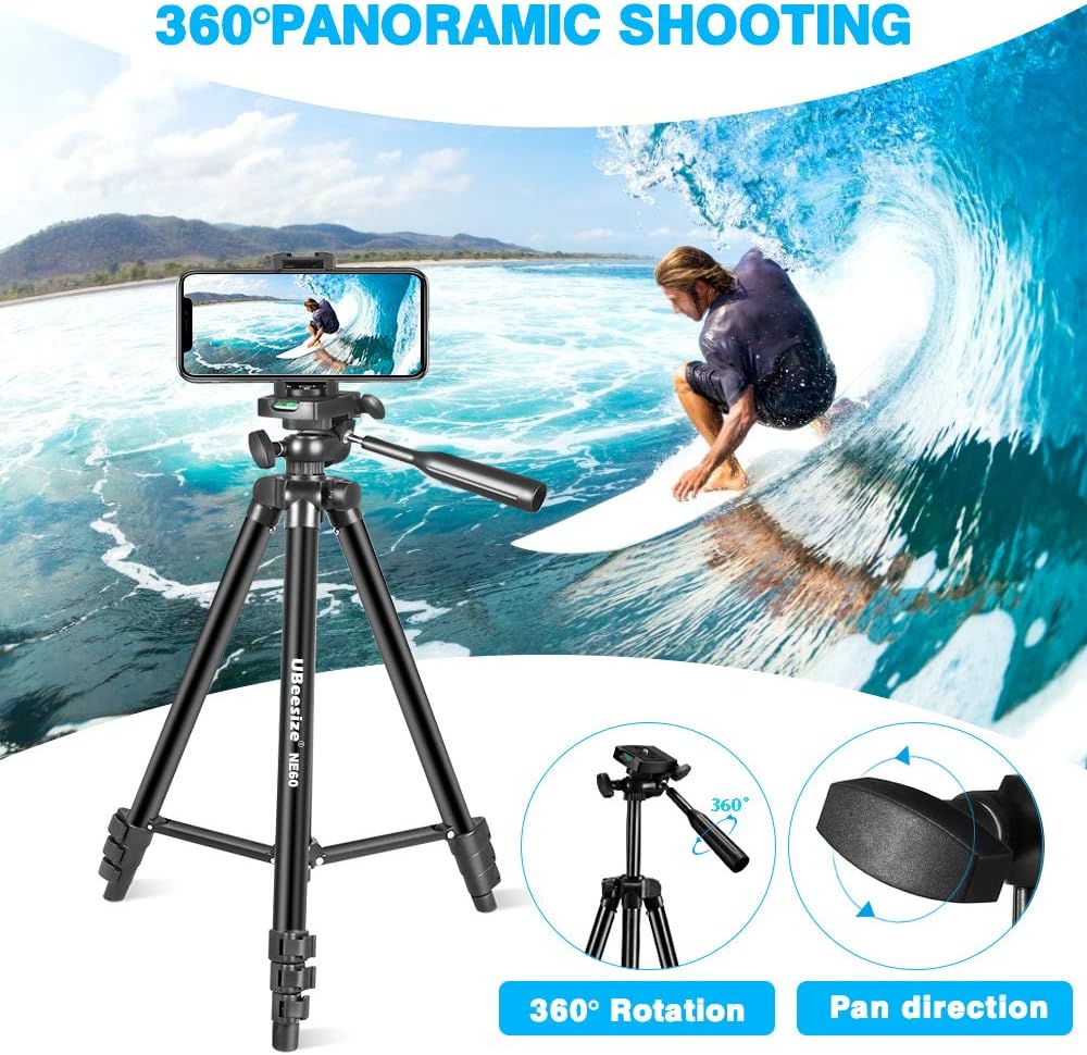 UBeesize 60” Phone Tripod with Carry Bag & Cell Phone Mount Holder for Live Streaming, Extendable Travel Lightweight Tripod Stand with Smartphone Bluetooth Remote, Compatible with iOS/Android: Camera & Photo
