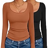 Ekouaer 2 Pack Long Sleeve Shirts for Womens Scoop Neck Tops Slim Fit Undershirts Basic Thermal Tee Shirt