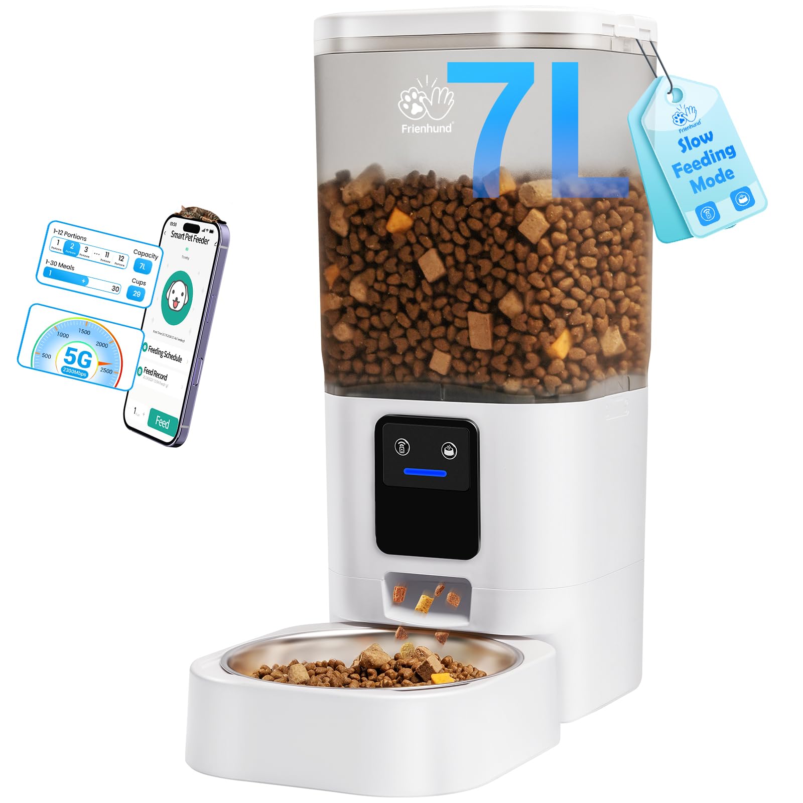 Frienhund Automatic Cat Feeder with Slow Feed: 5G WiFi Automatic Dog Feeder with Smart APP Control, Auto Cat Food Dispenser with Alexa for Multiple Pets, Detachable for Easy Cleaning - 29 Cup(7L)