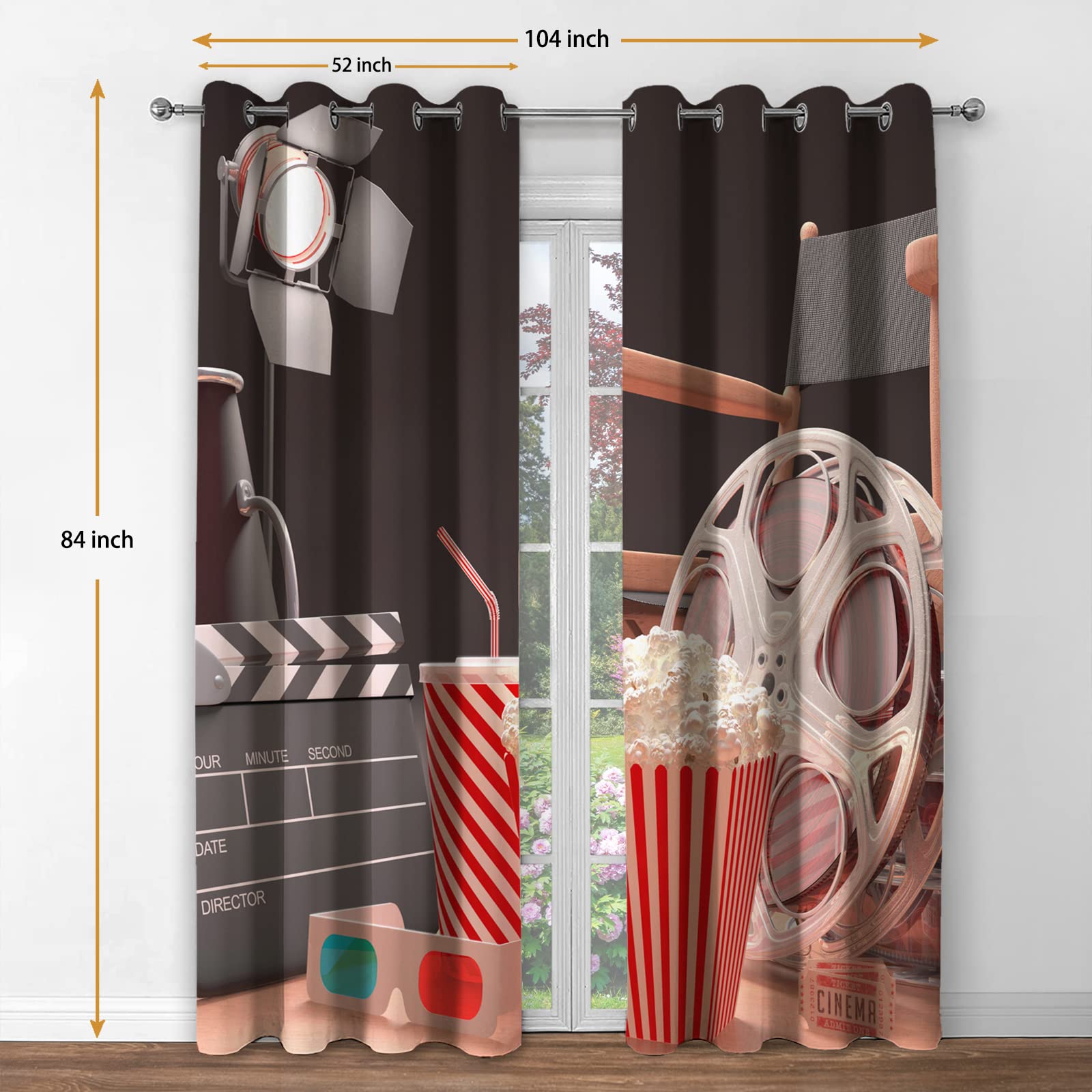 Jekeno Movie Theater Blackout Curtains Movie Theater Theme Print Home Bedroom Living Room Decor Sunlight Blocking Grommet Window Drapes 2 Panel Set, 52