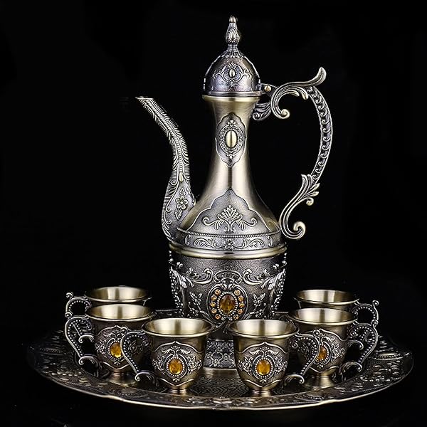 VINTAGE TURKISH COFFEE POT AND CUPS SET,TEA SERVICE SET INCLUDING TEAPOT,TEA TRAY AND METAL CUPS FOR WINE CABINET DECOR,WEDDING ORNAMENTS (BRONZE WITH YELLOW CRYSTAL)