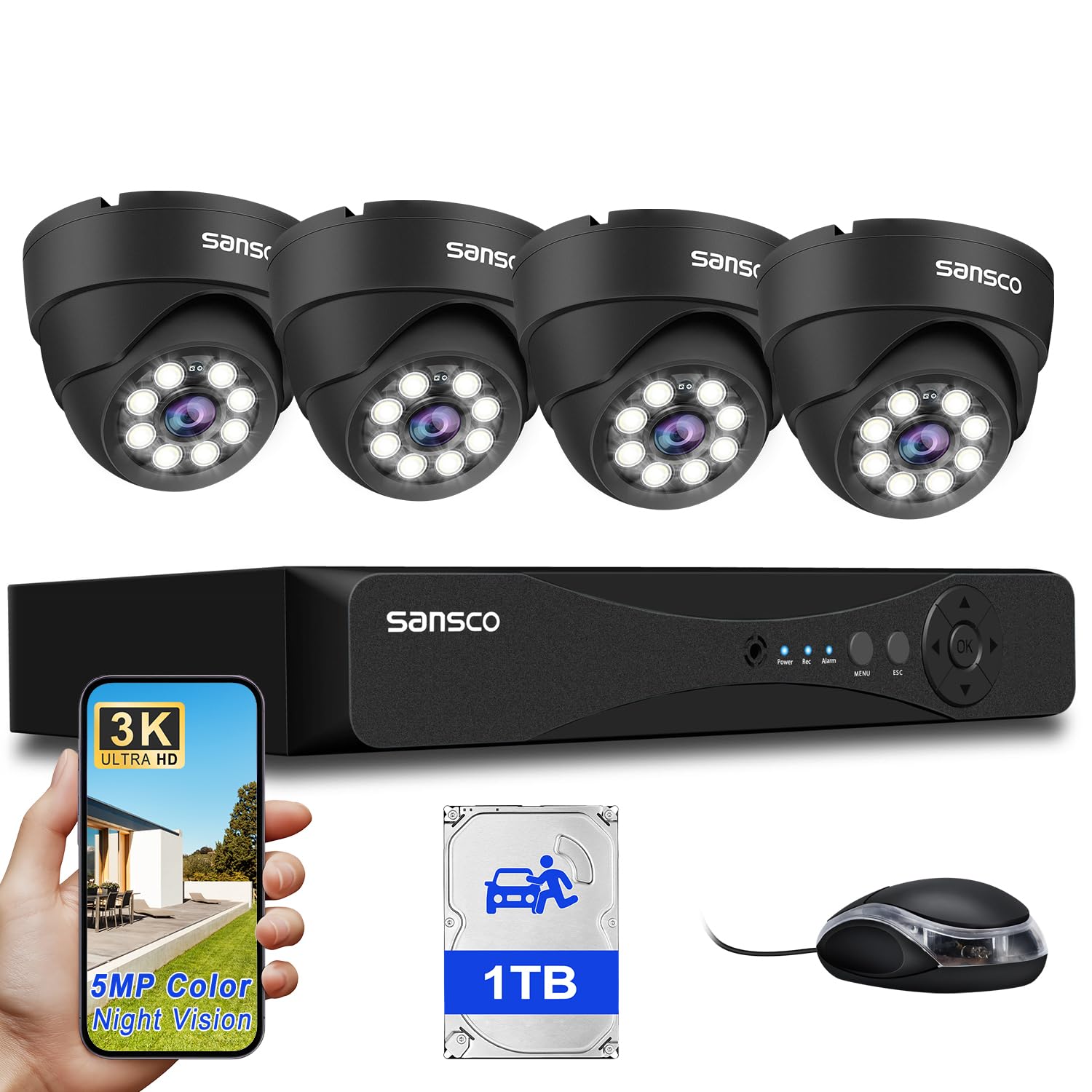 SANSCO 5MP 8CH CCTV Security Camera System with 1TB Hard Drive, 8 Channel Expandable DVR, 4pcs 3K IP66 Waterproof Metal Dome Cameras, with Human/Vehicle/Face Activated Full Color Night Vision