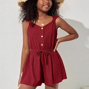 Girls Sleeveless Romper V Neck Summer Casual Bow Tie Button Front Jumpsuits Outdoor Playtime School Casual Clothes