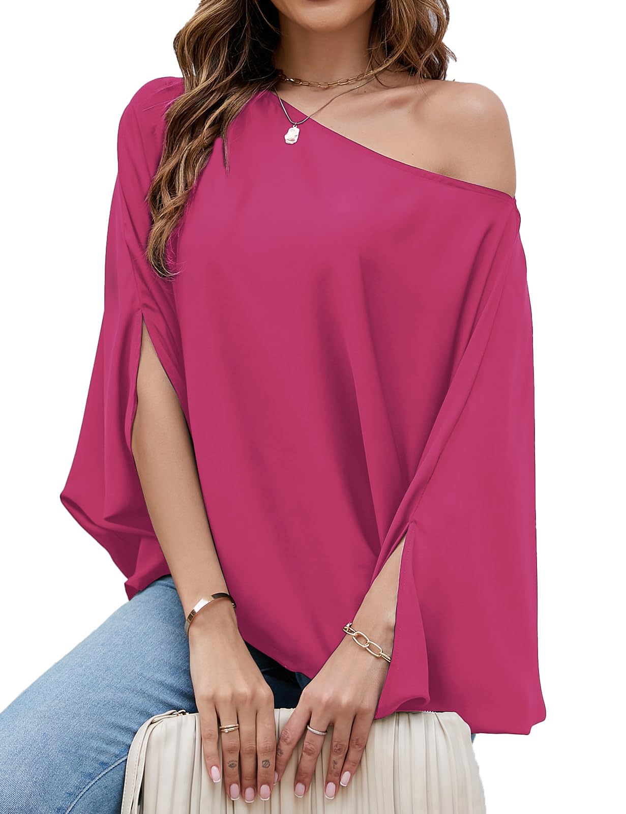 Photo 1 of VIMPUNEC Womens Off The Shoulder Flowy Tops Casual Batwing Sleeves Blouses Loose Chiffon Shirts Rose Red XL