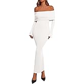 dowerme Women's Off The Shoulder Sweater Dress 2026 Formal Long Sleeve Bodycon Maxi Wedding Guest Dresses Spring Outfits
