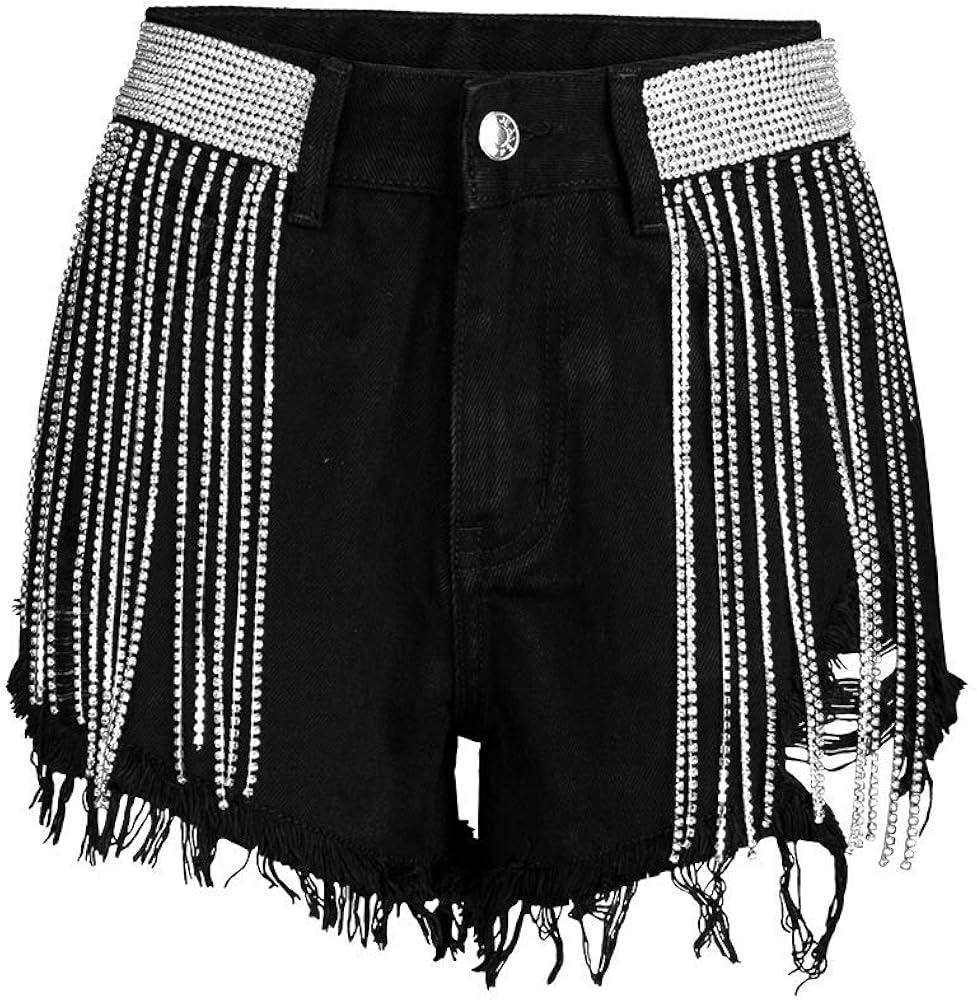 black denim shorts with chain