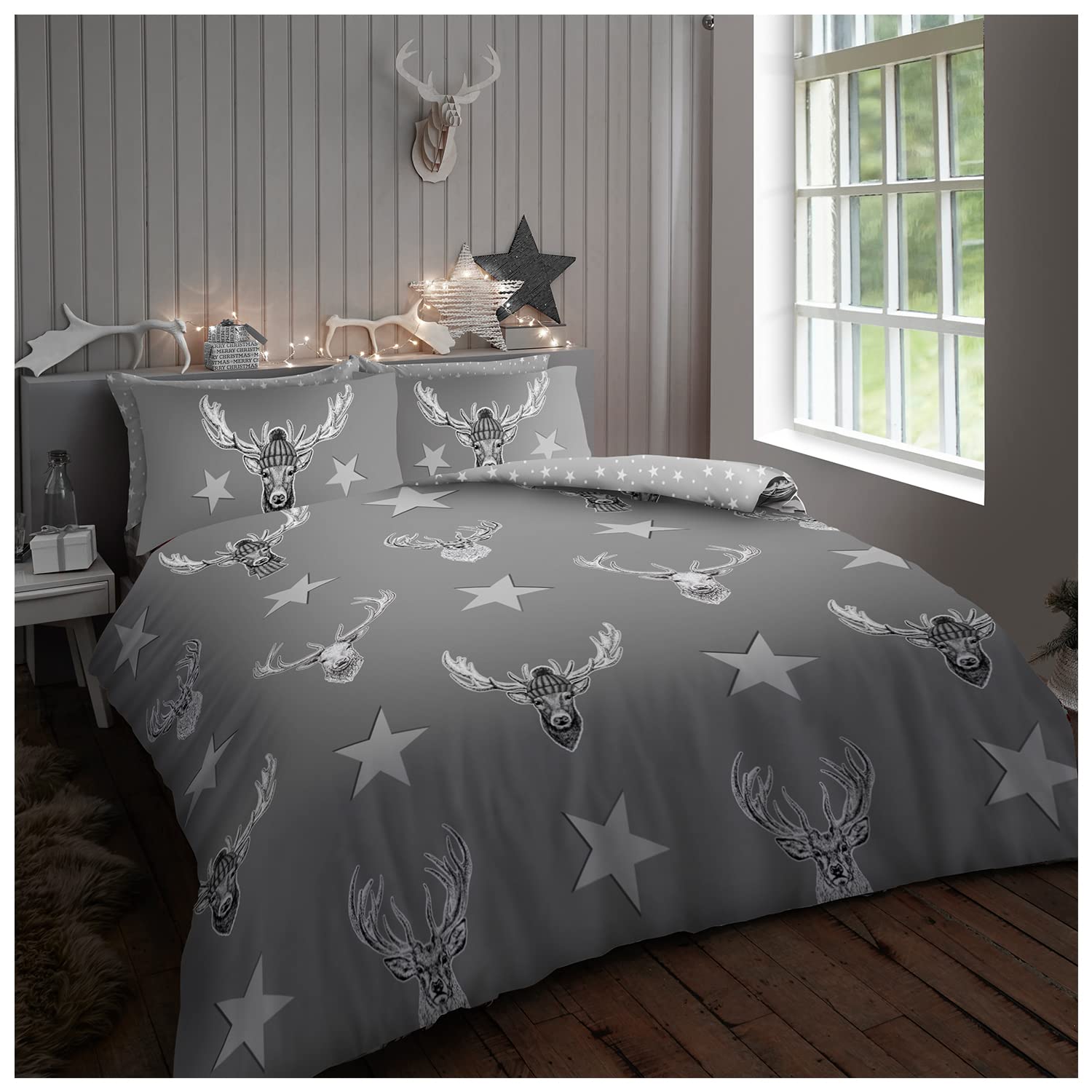 GC GAVENO CAVAILIA Stag Bedding Set, Printed Star Duvet Cover King Size, Easycare Animal Quilt Cover With Pillowcases, Grey — image 1